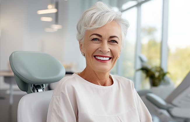 Smiling senior patient in dental treatment chair