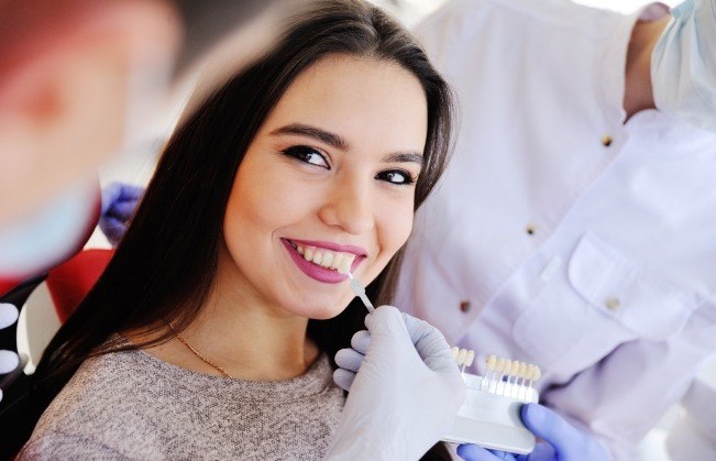 Woman's smile compared with veneer color options